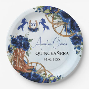 Royal Blue Floral Wild West Charro Quinceañera XV Paper Plate