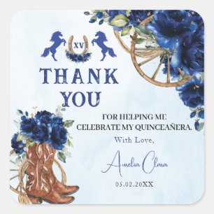 Royal Blue Floral Wild West Charro Quinceañera XV Square Sticker