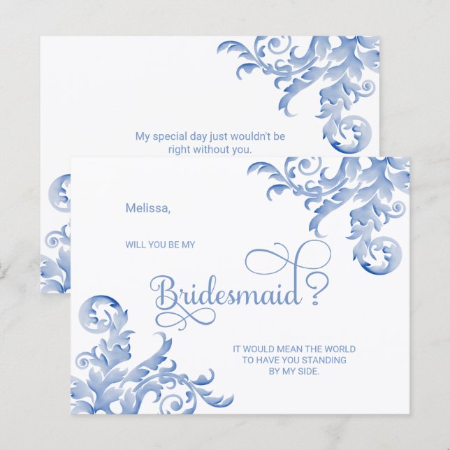 Royal Blue Flourish Will You Be My Bridesmaid Invitation Postcard (Front/Back)