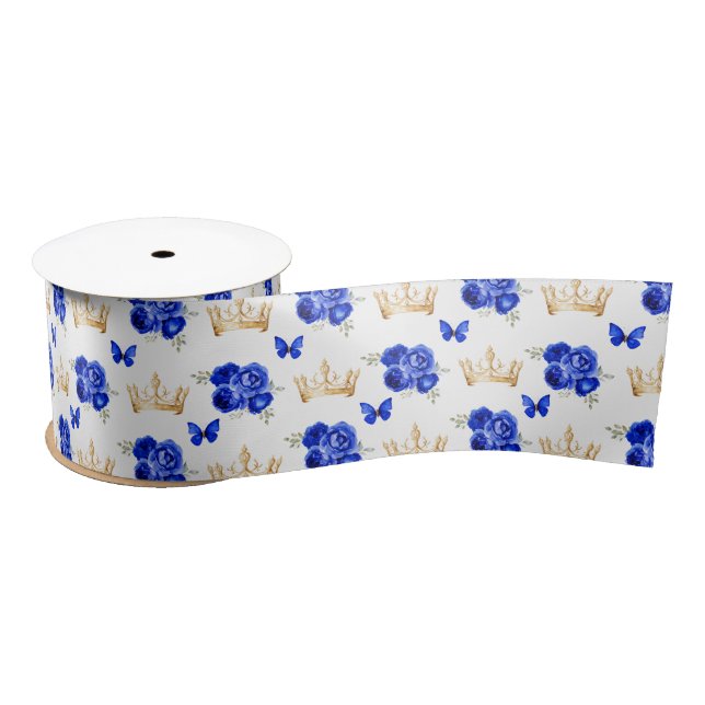 Royal Blue Flowers and Gold Crowns Satin Ribbon (Spool)