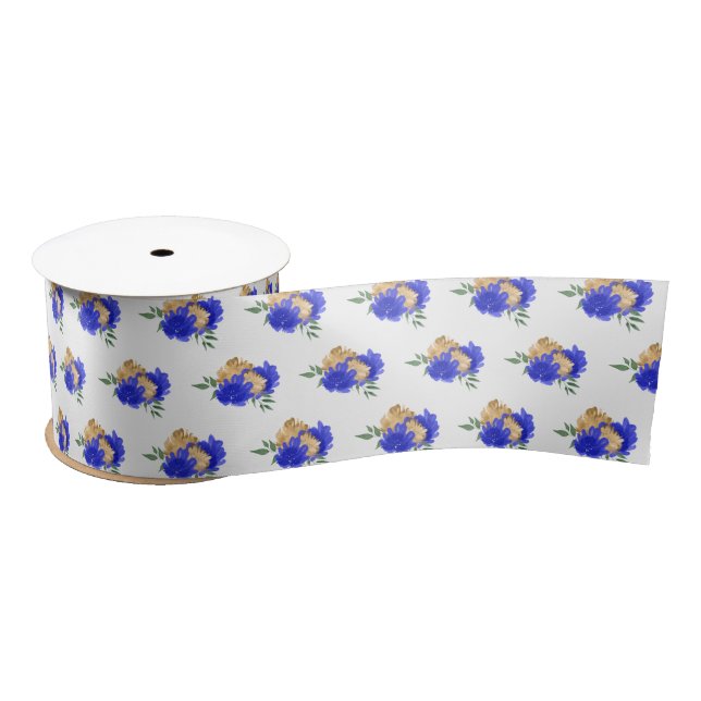 Royal Blue Flowers and Greenery Pattern Satin Ribbon (Spool)