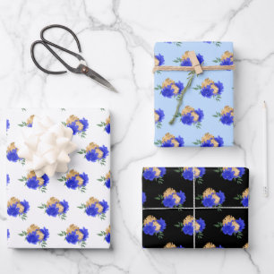 Royal Blue Flowers and Greenery Pattern Wrapping Paper Sheet