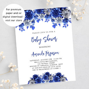 Royal blue flowers budget baby shower invitation