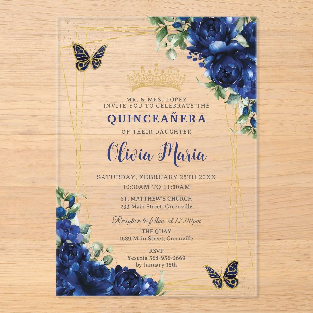 Royal Blue Flowers Floral Quinceañera Butterflies Acrylic Invitations (Front)
