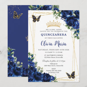 Royal Blue Flowers Floral Quinceañera Butterflies Invitation
