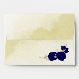 Royal blue flowers gold botanical wedding envelope