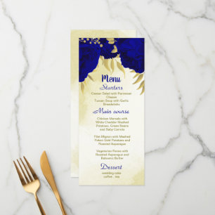 Royal blue flowers gold botanical wedding menu