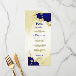 Royal blue flowers gold botanical wedding menu