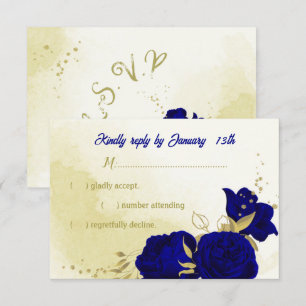 Royal blue flowers gold botanical wedding RSVP car