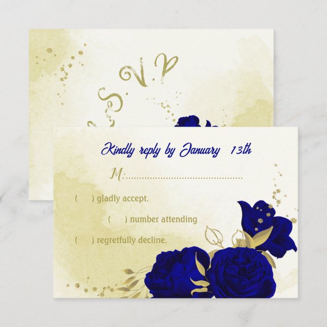 Royal blue flowers gold botanical wedding RSVP car Card (Front/Back)