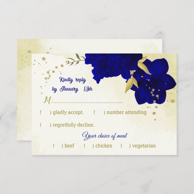 Royal blue flowers gold botanical wedding  RSVP card (Front/Back)