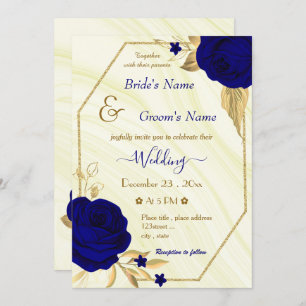 royal blue flowers gold geometric wedding invitation
