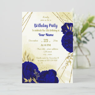 Royal blue flowers gold leaves birthday  invitation