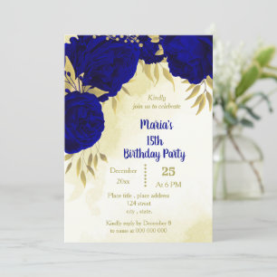 Royal blue flowers gold leaves birthday  invitation