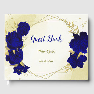 Royal blue flowers gold leaves guest book
