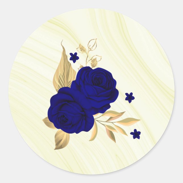royal blue flowers gold leaves marble  classic round sticker (Front)