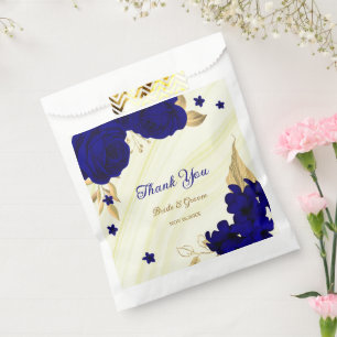 royal blue flowers gold leaves marble favour bag