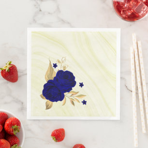 royal blue flowers gold leaves marble napkin