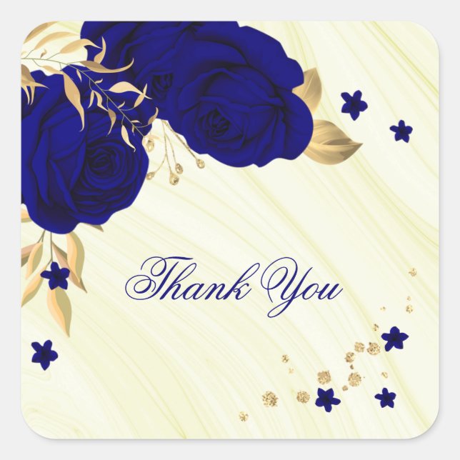royal blue flowers & gold leaves marble  square sticker (Front)