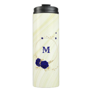 royal blue flowers gold leaves marble thermal tumbler