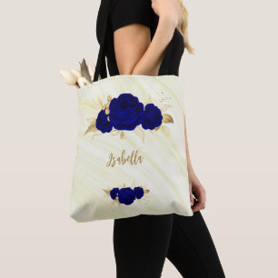 Royal blue flowers gold leaves marble tote bag