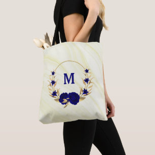 Royal blue flowers gold leaves marble tote bag