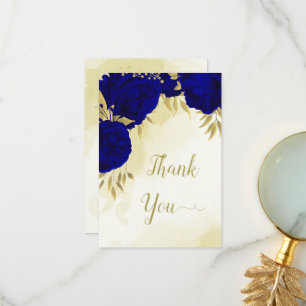 Royal blue flowers gold leaves thank you card