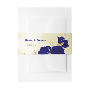 Royal blue flowers gold leaves wedding invitation belly band