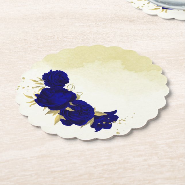 Royal blue flowers gold leaves wedding paper coaster (Angled)
