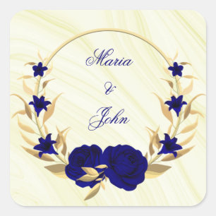 royal blue flowers gold leaves wreath marble square sticker