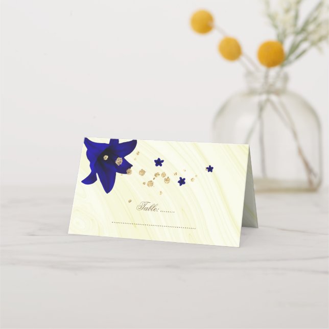 royal blue flowers gold place card (Front)