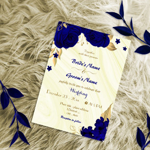 royal blue flowers gold wedding invitation