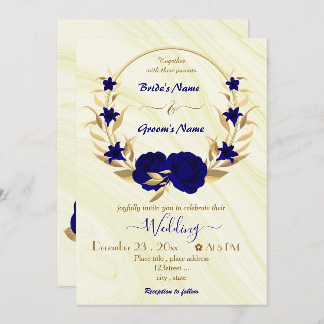 royal blue flowers gold wreath  invitation (Front/Back)