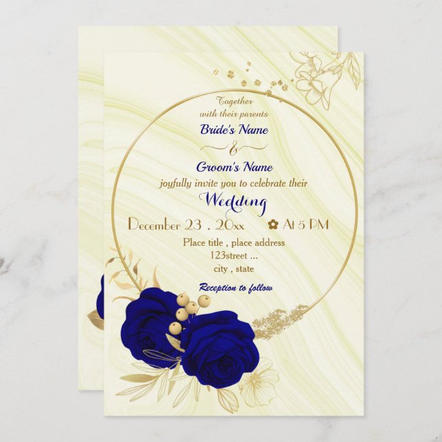 royal blue flowers gold wreath wedding invitation (Front/Back)