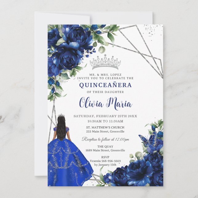 Royal Blue Flowers Princess Silver Quinceañera Invitation (Front)