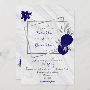 royal blue flowers silver grey geometric wedding  invitation