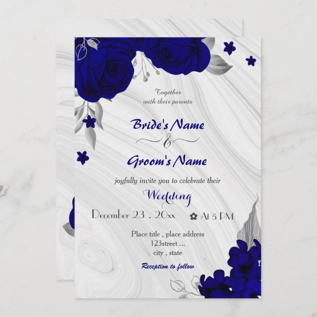 royal blue flowers silver grey wedding invitation (Front/Back)