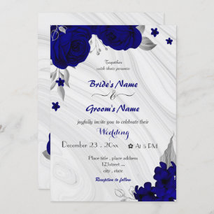 royal blue flowers silver grey wedding invitation