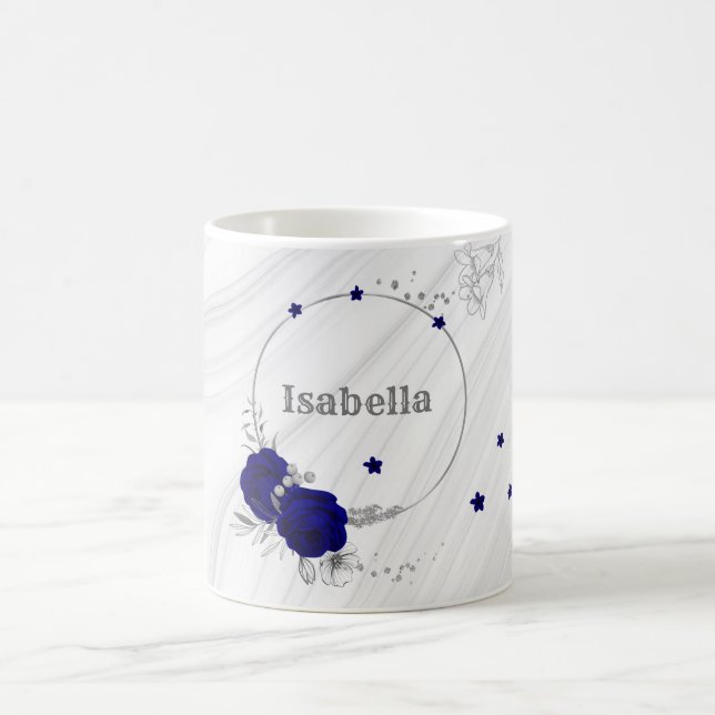 royal blue flowers silver leaves marble coffee mug (Center)
