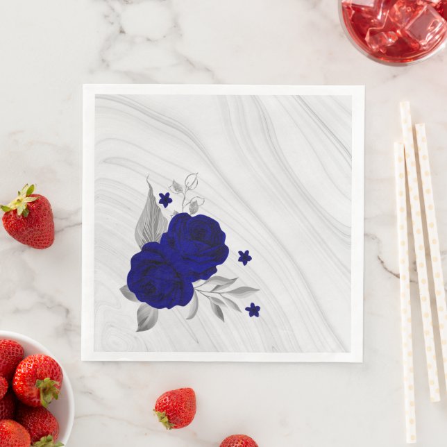 royal blue flowers silver leaves marble napkin (Insitu)