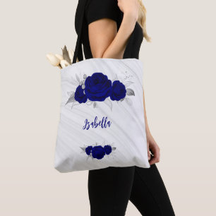 Royal blue flowers silver leaves marble tote bag