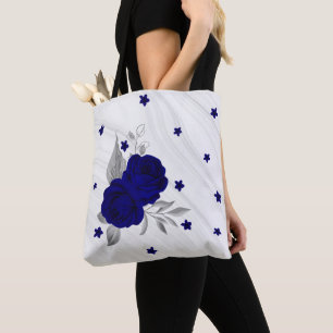 Royal blue flowers silver leaves marble tote bag