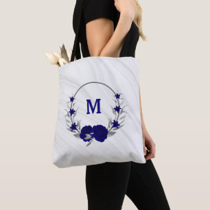 Royal blue flowers silver leaves marble tote bag