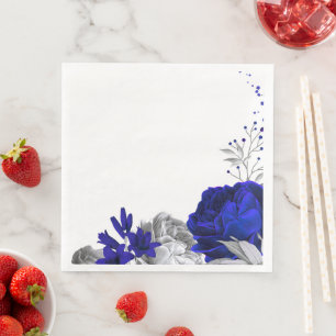 royal blue flowers & silver leaves wedding napkin