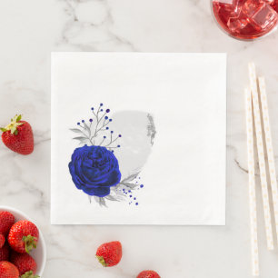 royal blue flowers & silver leaves white napkin