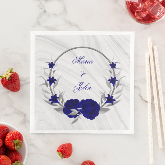 royal blue flowers silver leaves wreath marble napkin (Insitu)
