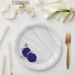 royal blue flowers silver leaves wreath marble paper plate