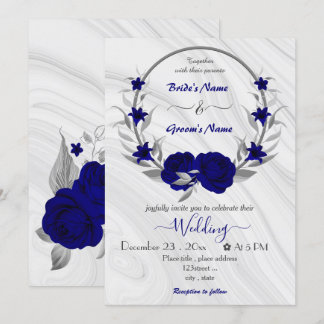 royal blue flowers silver wreath wedding invitatio invitation