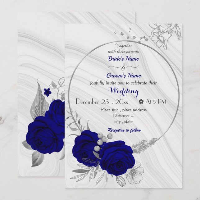 royal blue flowers silver wreath wedding invitation (Front/Back)