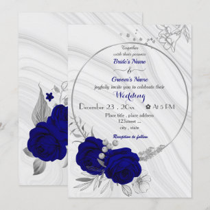 royal blue flowers silver wreath wedding invitation